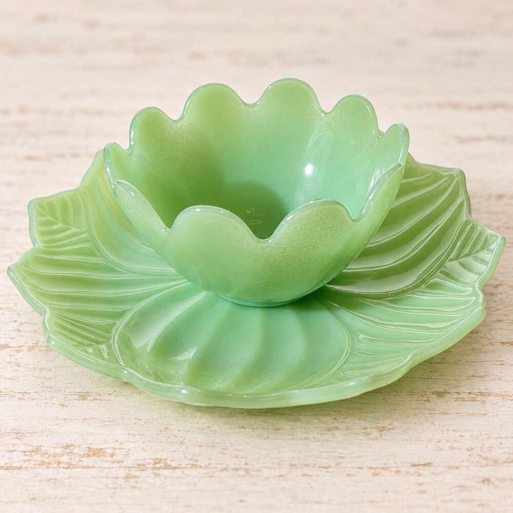 Vintage Jadeite Lotus Leaf & Blossom Bowl Plate Snack Set Green Glass